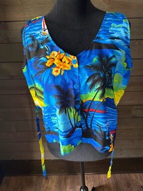 Rima Tropical Blue Hawaiian Palm Tree Button Front Tank Blouse Large